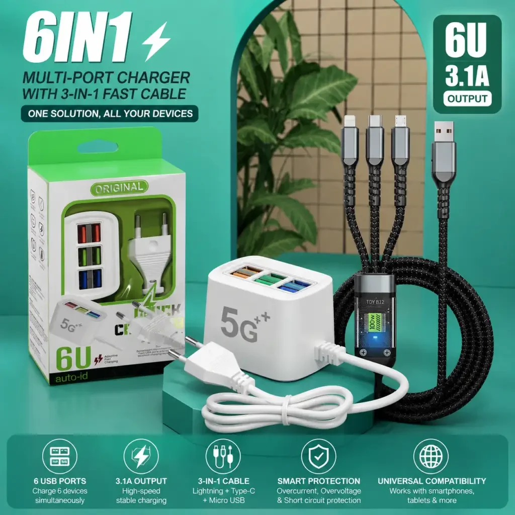 6-in-1 Charging Station : 6U Multi-Port Charger with 3-in-1 Fast Charging Cable